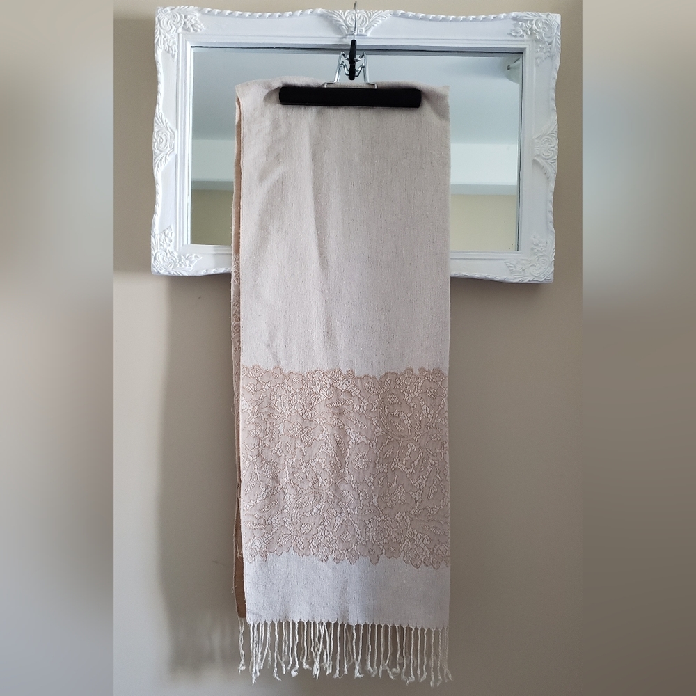 Cream pashmina lace print, beige neutral natural fibres long scarf